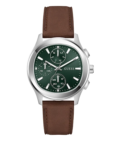 Guess Men's Silver-Tone Brown Leather Multi-Function Watch, 40mm