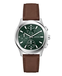Guess Men's Silver-Tone Brown Leather Multi-Function Watch, 40mm