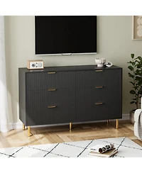 gaomon Modern 6 Drawer Dresser for Bedroom with Gold Handle and Large Drawer, Wood Double Chest of Drawers and Storage Organizer for Living Room