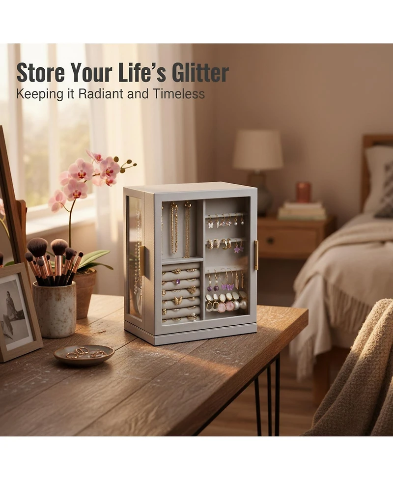 YIGII360degree(s) Rotating Jewelry Organizer 5 Drawers Glass Window Dustproof Moisture Resistant