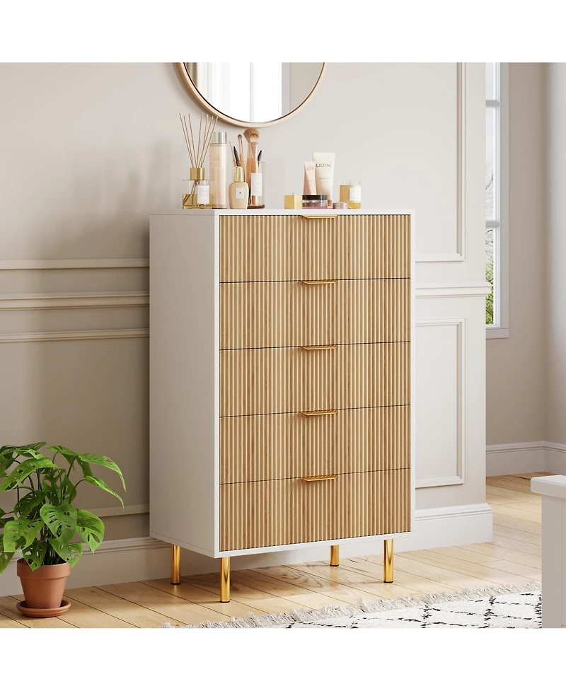 gaomon 5 Drawer Tall Wood Dresser Wooden Cabinet with Handles Wide Modern Storage for Living Room Hallway