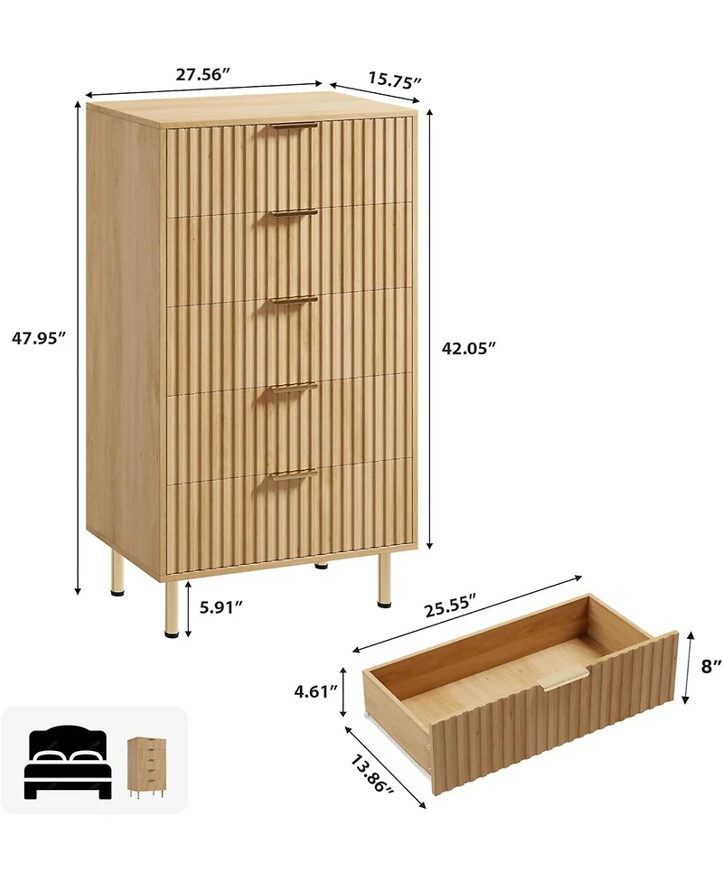 gaomon 5 Drawer Dresser Tall Fluted Wooden Organizer with Deep Drawers
