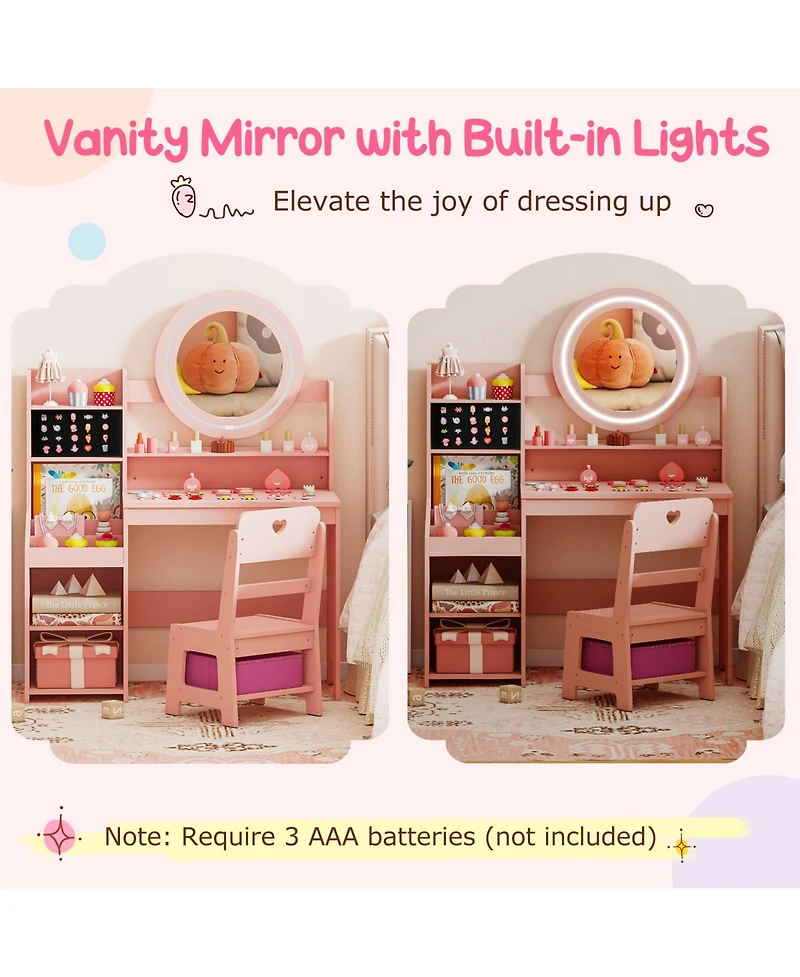 Sugift Kids Vanity Desk with Mirror and Lights Princess Pretend Play Dressing Table and Chair Set