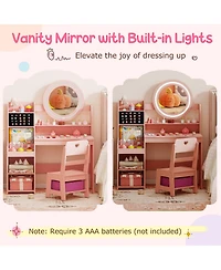 Sugift Kids Vanity Desk with Mirror and Lights Princess Pretend Play Dressing Table and Chair Set