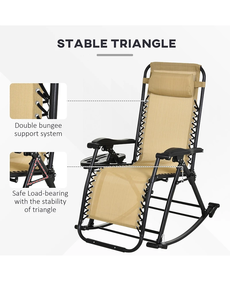 Outsunny Zero Gravity Reclining Rocking Chair, Lounge Rocker, Folding, Pillow, Side Tray, Cup and Phone Holder