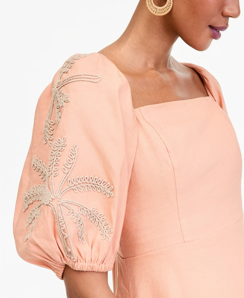 I.n.c. International Concepts Women's Linen-Blend Embroidered Puff-Sleeve Midi Dress, Macy's Exclusive