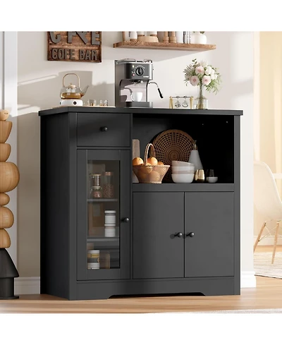 gaomon Kitchen Microwave Buffet Cabinet with 3 Doors, 1 Drawer, Adjustable Shelves, Pantry Storage Unit for Kitchen or Hallway