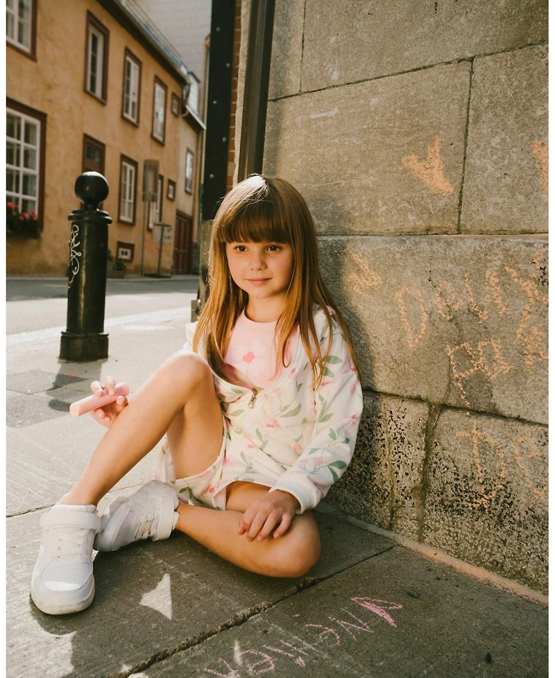 Deux par Deux Little Girls French Terry Shorts Off White Printed Flowers