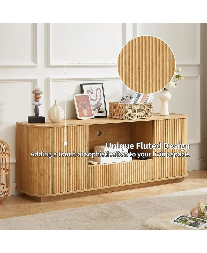 Rainsken 64" Mid Century Modern Fluted Tv Stand, Entertainment Center with 2 Doors, 1 Drawer and Open Shelf for Living Room