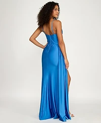 B Darlin Juniors' Sleeveless Cowl Neck Shiny Knit Gown