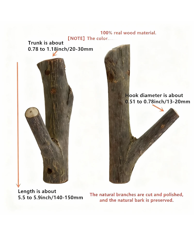 Yigii 2-Piece Real Wood Branch Wall Hooks with Bark,Rustic Decor