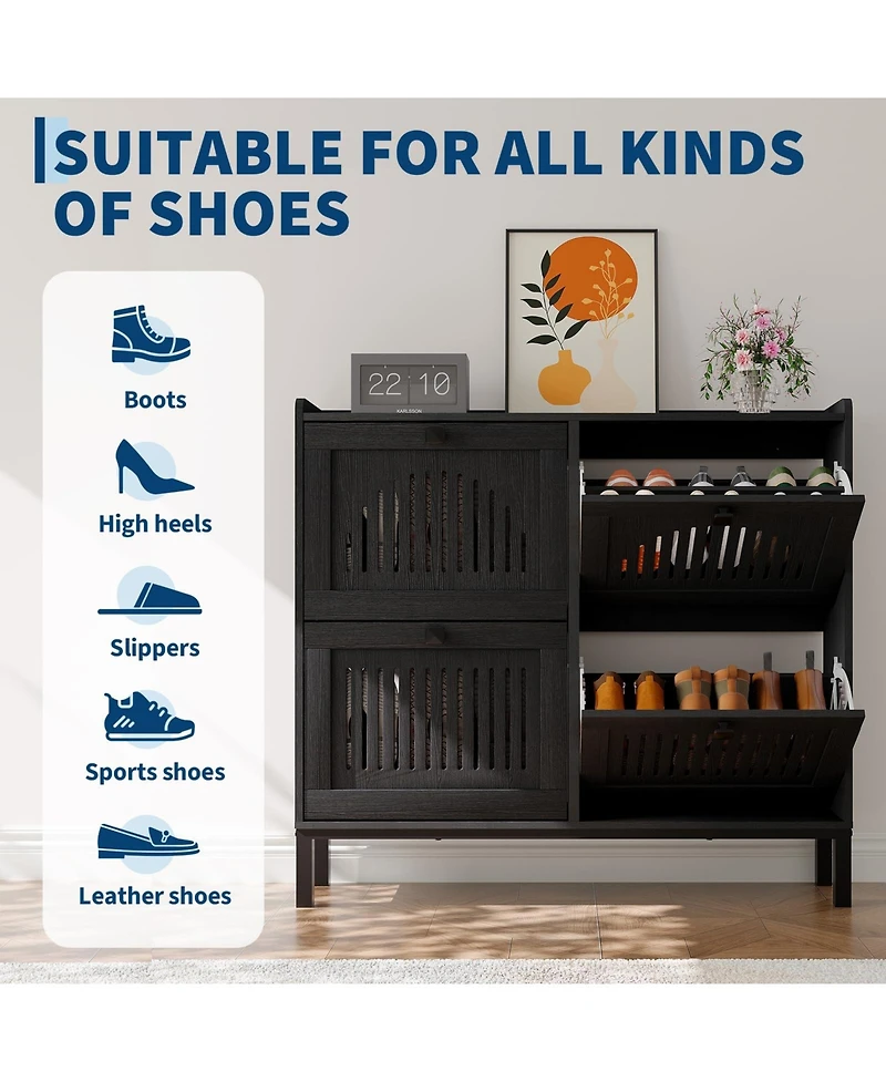 Homfan Shoe Storage Cabinet with 4 Flip Drawer, Shoes Organizer Hollow Out Panel and Square Handles, Anti-Tipping Rack