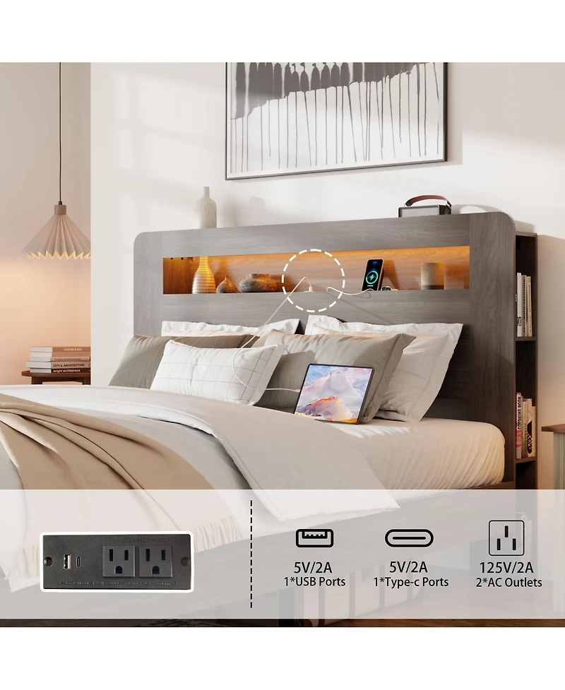 Rainsken Queen Size Platform Bed Frame, Wooden Bed with Led Light Headboard, Usb Ports and Spacious Under-Bed Storage for Bedroom