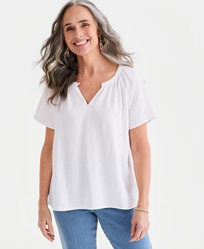 Style & Co Petite Solid Gauge Flutter Short-Sleeve Cotton Top, Macy's Exclusive