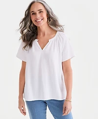 Style & Co Petite Solid Gauge Flutter Short-Sleeve Cotton Top, Macy's Exclusive