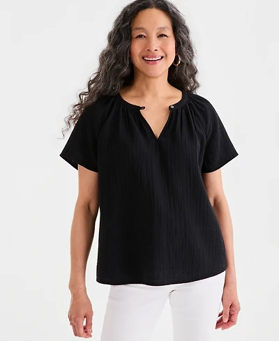 Style & Co Petite Solid Gauge Flutter Short-Sleeve Cotton Top, Macy's Exclusive