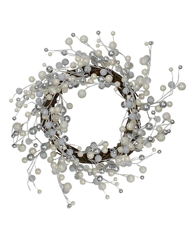 Northlight 20" Winter Wonderland Ivory and Silver Ball Ornaments on a Natural Vine Wrapped Wreath
