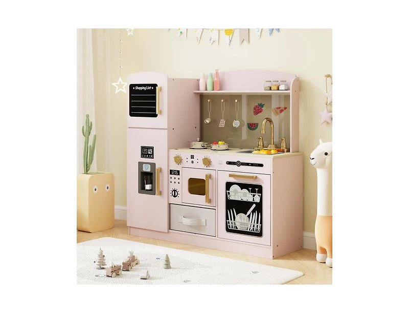 Hongge Wooden Kids Kitchen Playset with Chalkboard, Ice Maker, Sink, Microwave.