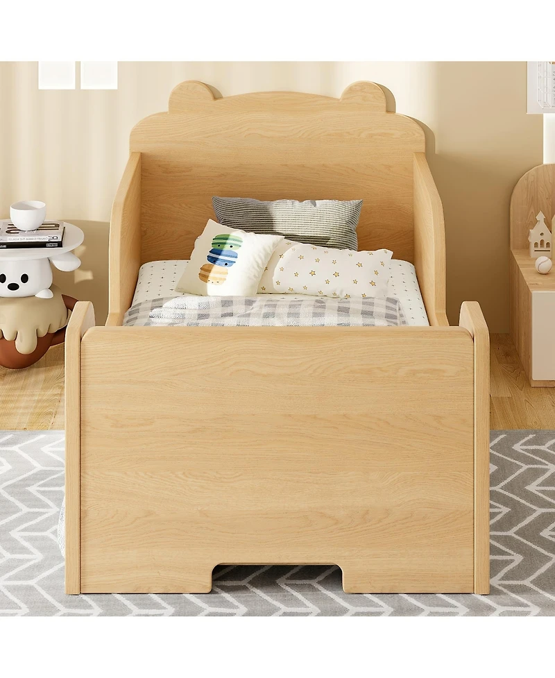Rainsken Low-Profile Twin Size Kids Floor Bed Frame, Wooden Platform Bed with Safety Rails and Bear Shape Headboard for Boys and Girls Ages 3-6