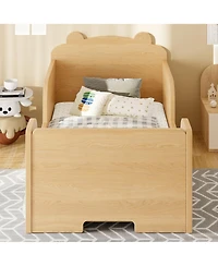 Rainsken Low-Profile Twin Size Kids Floor Bed Frame, Wooden Platform Bed with Safety Rails and Bear Shape Headboard for Boys and Girls Ages 3-6