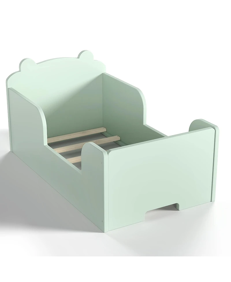 Rainsken Twin Size Wooden Kids Floor Bed, Platform Bed Frame with Safety Guard Rails and Adorable Bear Headboard for Toddler Boys and Girls Ages 3-6