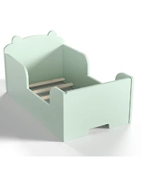 Rainsken Twin Size Wooden Kids Floor Bed, Platform Bed Frame with Safety Guard Rails and Adorable Bear Headboard for Toddler Boys and Girls Ages 3-6