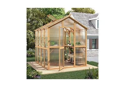 Aecojoy 6x7 Ft Wooden Greenhouse for Outdoors, Walk-in Garden Greenhouse with Plant Stand, Lockable Door