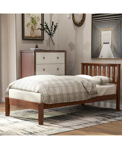 flynama Walnut Wood Platform Bed with Headboard 100 Pine Wood Construction and 6 Support Legs