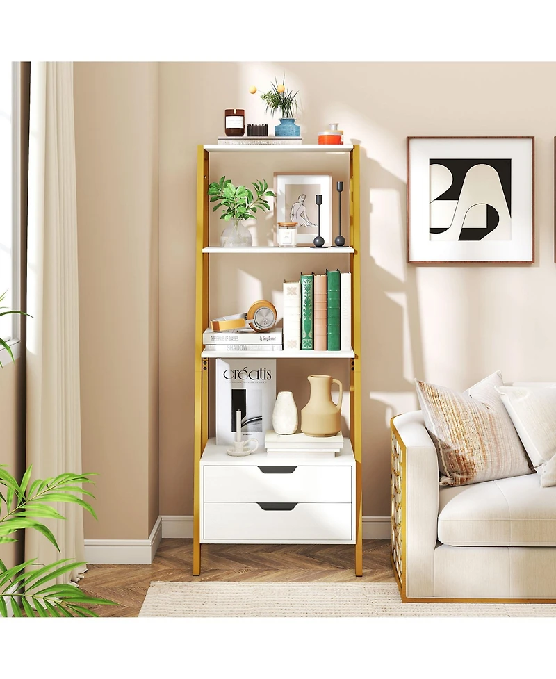 Slickblue Tall 4 Tier Ladder Shelf Bookcase with 2 Drawers Storage Organizer