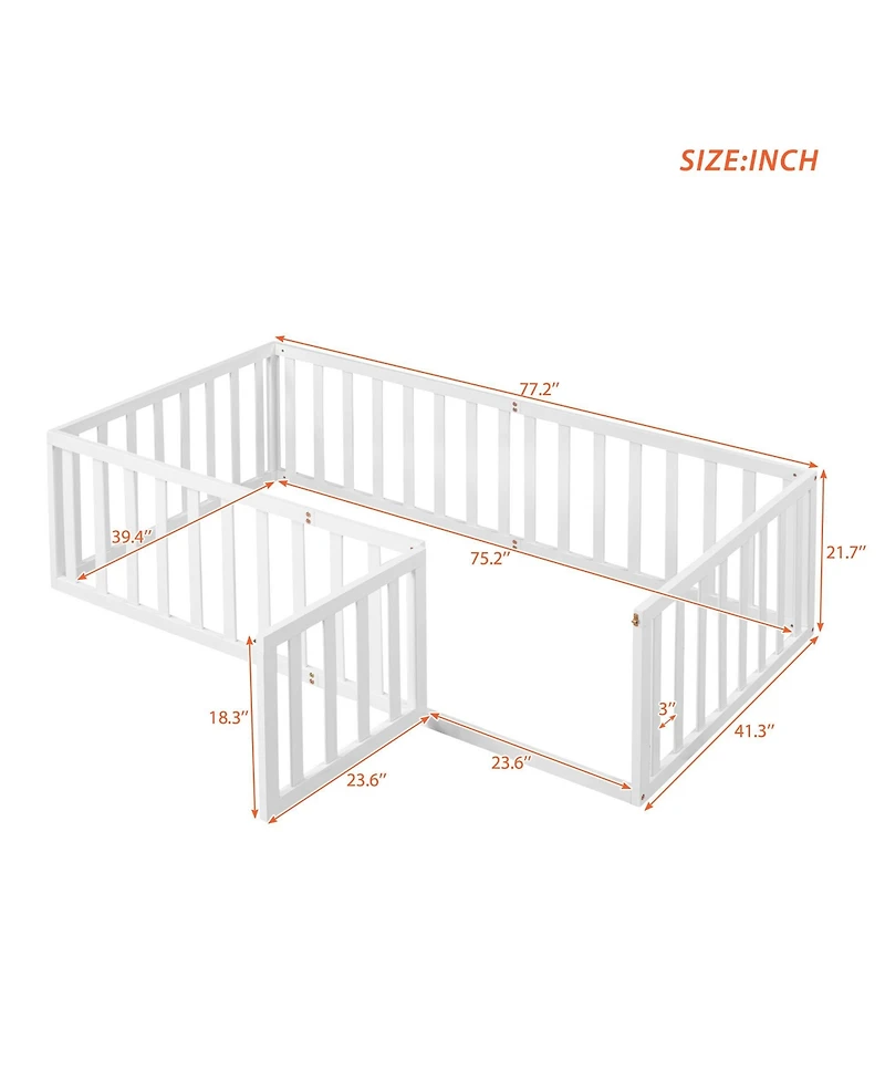 flynama Twin Size Wood Floor Bed Frame with Surrounding Fence Removable Door and Open Row Design