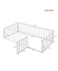 flynama Twin Size Wood Floor Bed Frame with Surrounding Fence Removable Door and Open Row Design