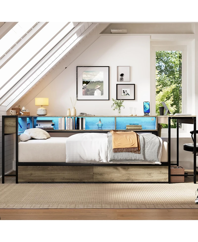 flynama Corner Bed Frame With Bookcase Led Lights Charging Station 2 Storage Drawers