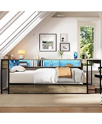flynama Corner Bed Frame With Bookcase Led Lights Charging Station 2 Storage Drawers