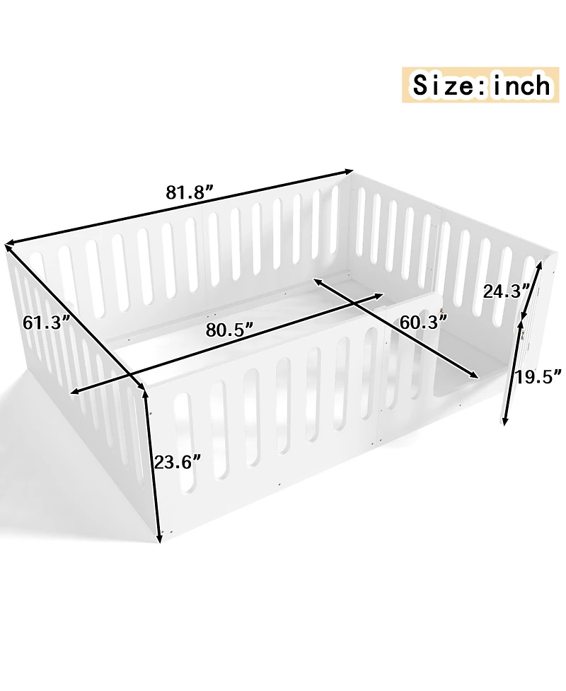 Rainsken Solid Wood Floor Bed, Sturdy Kids Bed Frame with Full Guardrails and Door, Low-Profile Design for Boys Girls, No Box Spring Needed