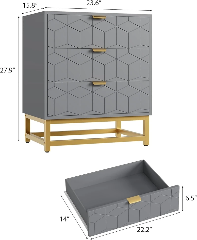gaomon 3 Drawer Dresser, Wood Chest Drawers with Storage for Closet, Bedroom, Drawers Dresser Modern Bedside Nightstand with Gold Handles
