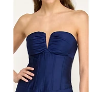 Alex & Sophia Juniors' Strapless V-Detail Polyester Slit Skirt Gown