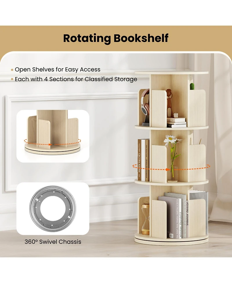 Slickblue 3-Tier Rotating Bookshelf with Dividers and Anti-falling