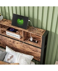 flynama Metal Bed Storage Headboard Charging Station Bookcase