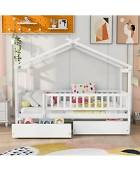 flynama Twin Size Wooden House Bed Two Drawers