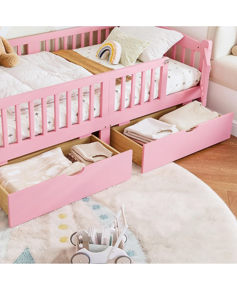 Rainsken Low Profile Platform Bed Frame, Wooden Bed with Storage Drawers and Full Safety Guardrails for Boys Girls, No Box Spring Required