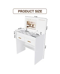 Rainsken Flip Top Vanity Desk, Makeup Vanity Table with Led Lighted Mirror, Built-in Outlet, 2 Drawers, Open Storage and Hooks for Jewelry