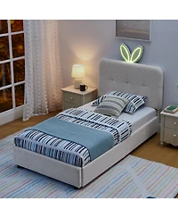 Rainsken Twin Size Upholstered Kids Platform Bed, Boucle Fabric Bed Frame with 4 Storage Drawers, Led Lighting and Rabbit Ear Headboard for Boys Girls