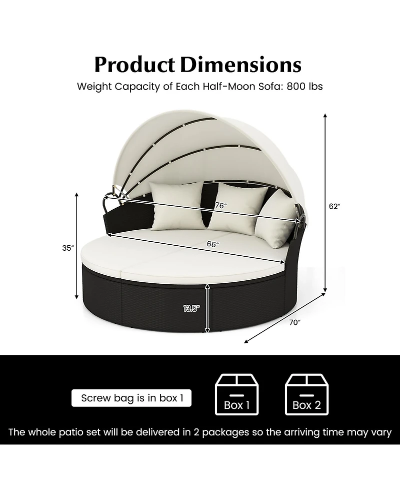 Gymax Patio Round Daybed Wicker Daybed w/ Retractable Canopy Separated Seating Sectional Sofa