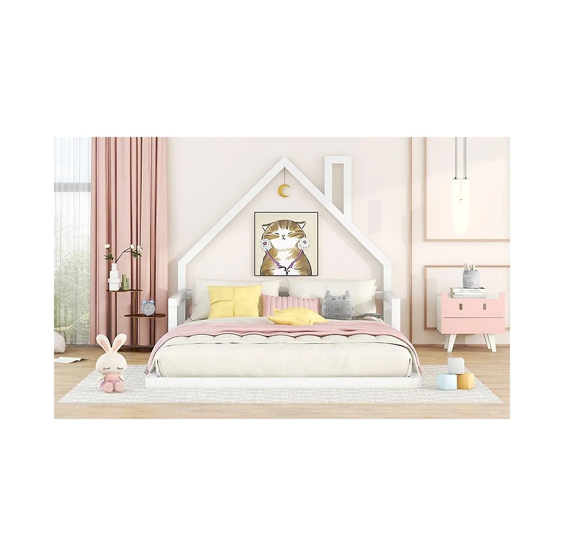 flynama Wood Floor Bed House Shaped Headboard White Pine Mdf No Box Spring