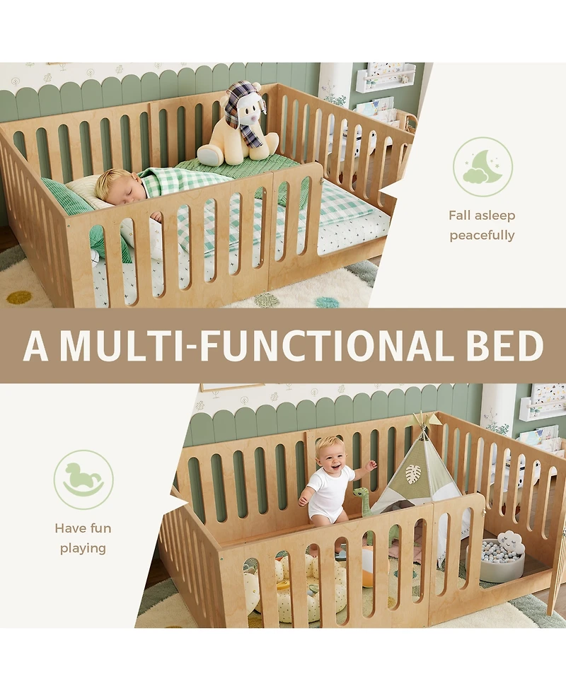 Rainsken Kids Floor Bed, Solid Wood Frame with High Fence and Door, Low-Profile Montessori Bed for Boys Girls, No Box Spring Needed