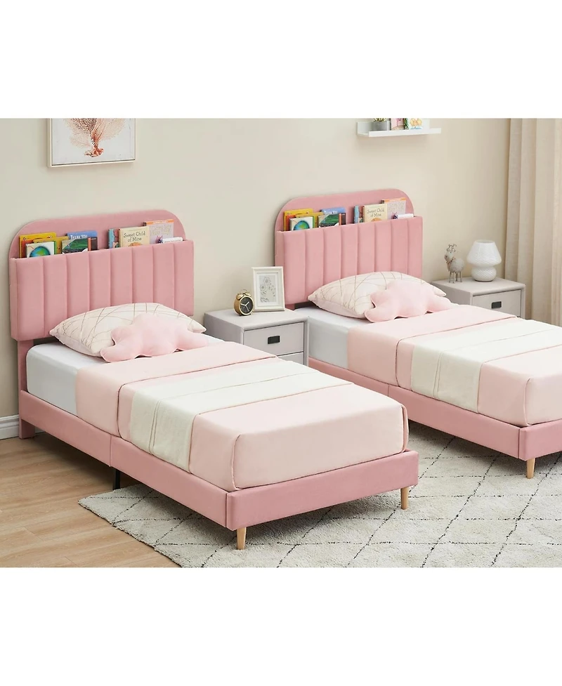 gaomon Twin Bed Frame with Upholstered Storage Headboard & Bookshelf