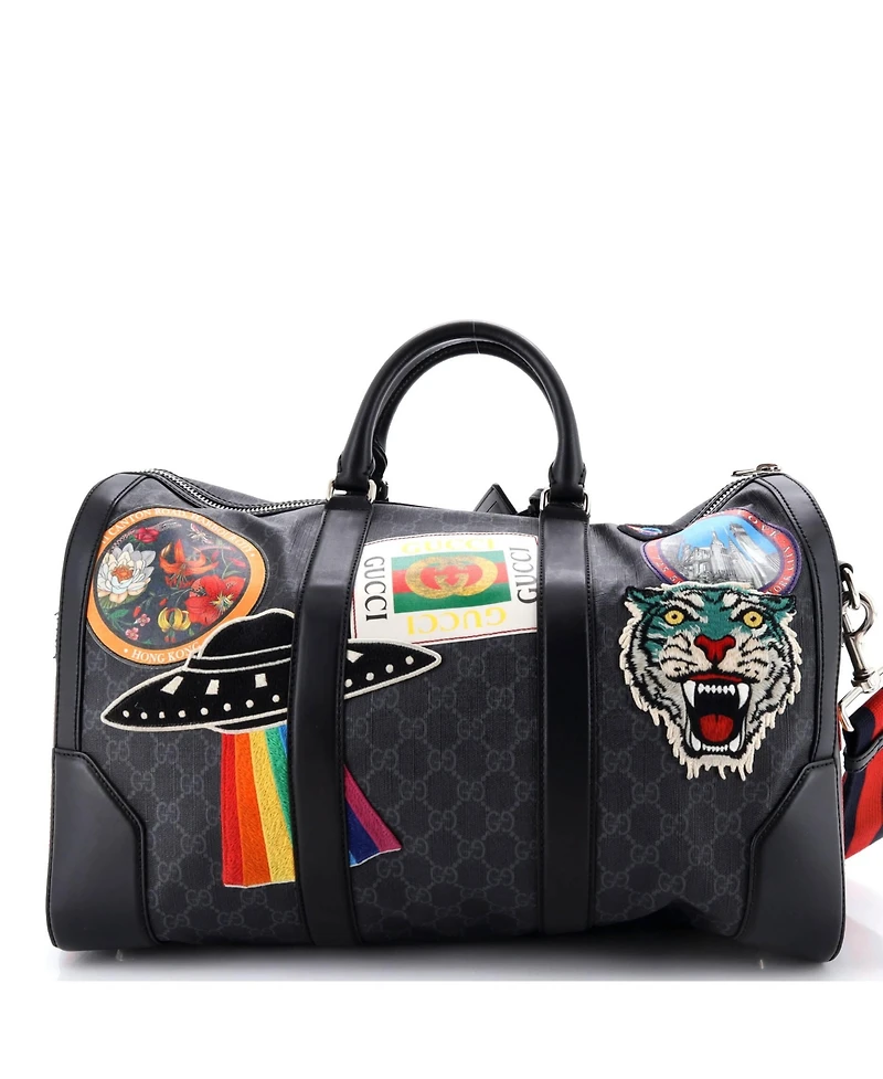 Pre-Owned Gucci Small Night Courrier Carry On Convertible Duffle Gg Coated Canvas with Applique