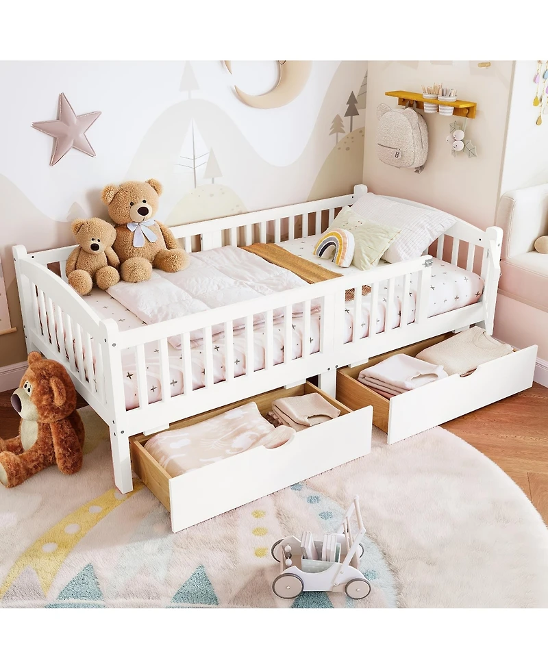 Rainsken Twin Size Low Bed Frame, Wood Kids Platform Bed with Storage Drawers and Full-length Guardrails for Girls Boys, No Box Spring Needed