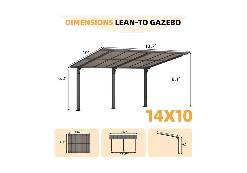 Aecojoy 14' x 10' Gazebo for Patio, Hard Top Lean to Gazebo Pergola Carport