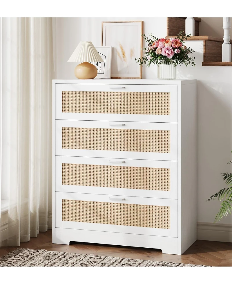 gaomon 4 Drawer Dresser for Bedroom, Rattan Chest of Dressers, Modern Wood Tall with Power Outlets